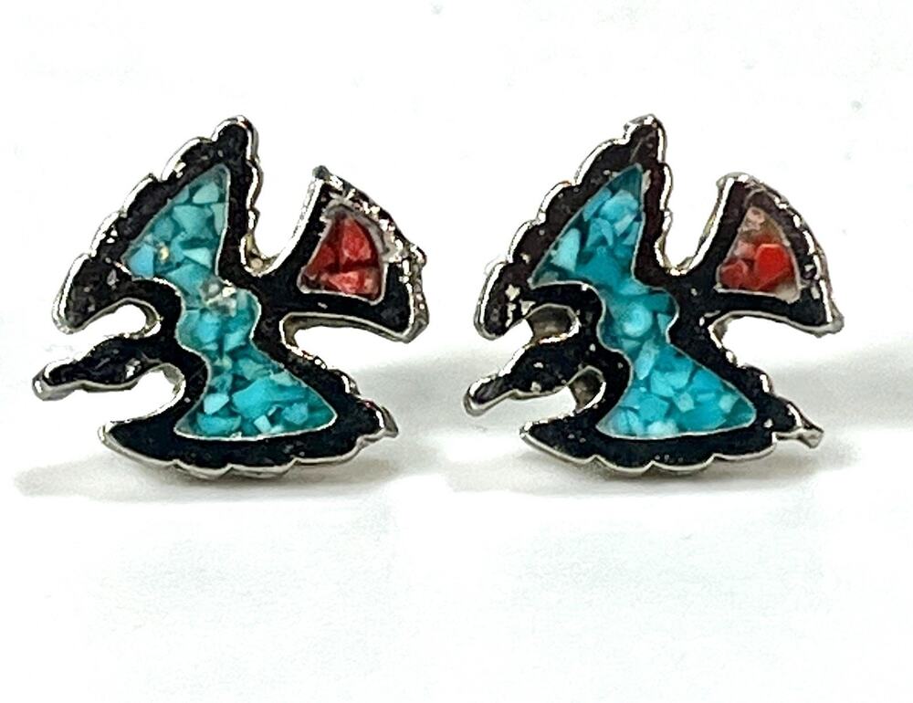 Vtg Native American Turquoise Coral Stone Inlay Thunderbird Stud Earrings